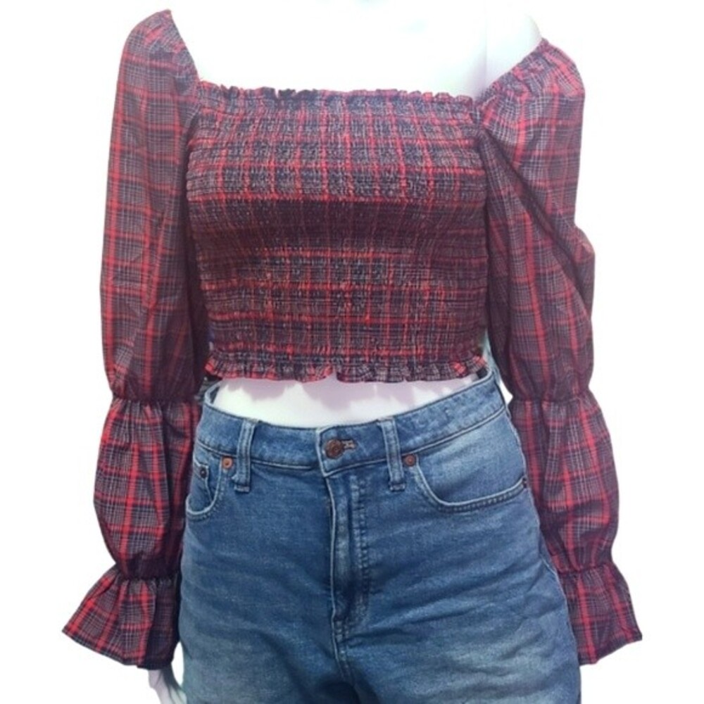 Plaid Off-Shoulder Smocked Top
